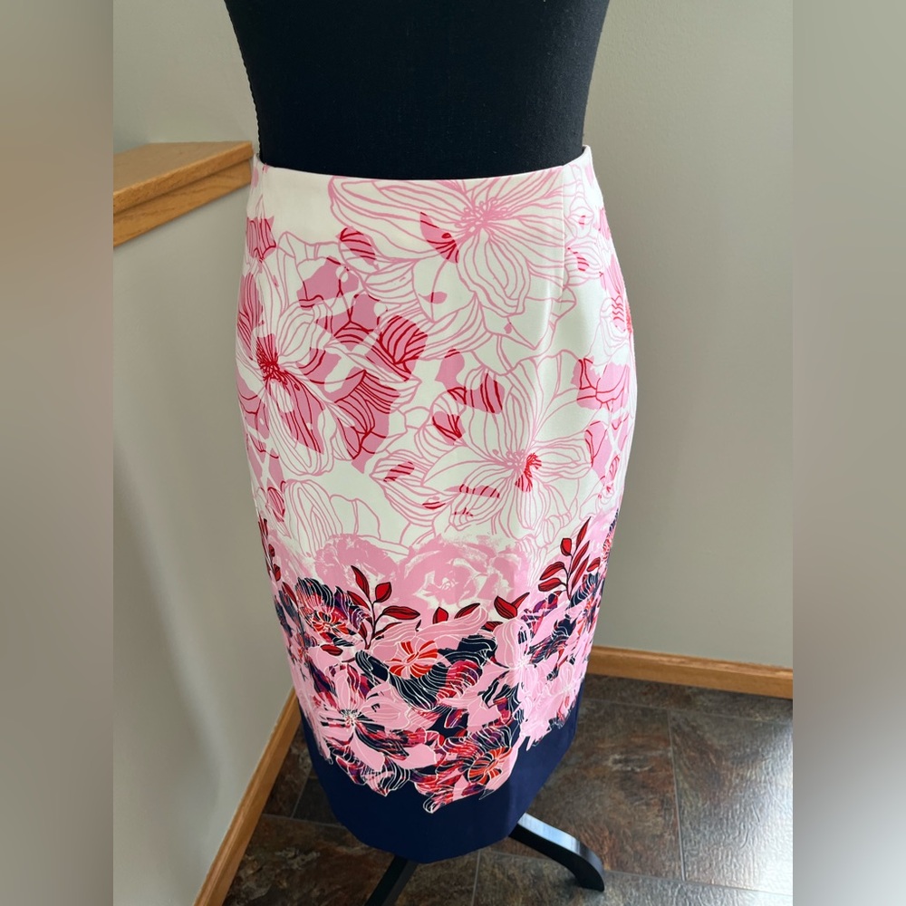 Halogen Pink Floral Pencil Skirt with Navy Hem